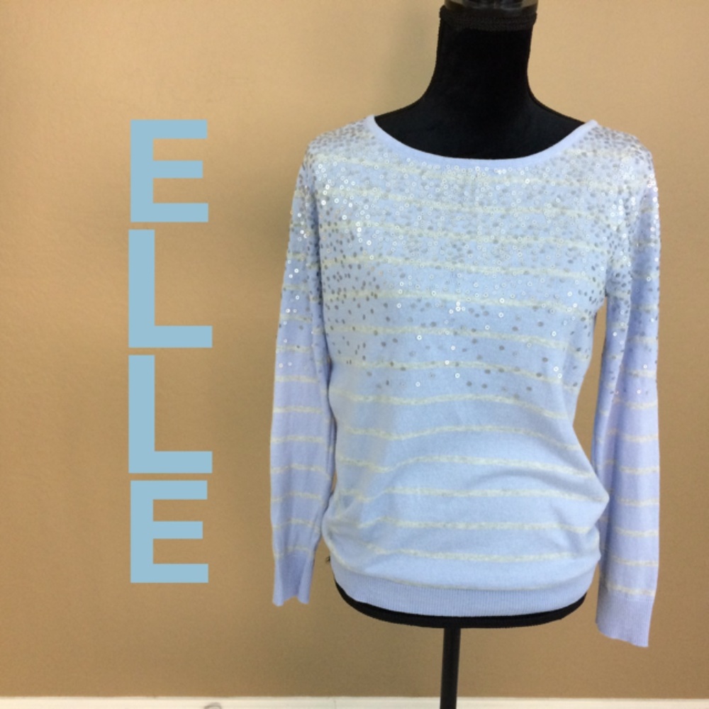 ELLE Powder Blue and Cream Stripe Sequined Sweater